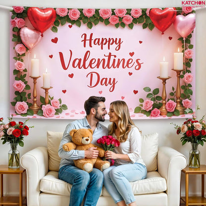 KatchOn, Happy Valentines Day Backdrop - XtraLarge, 72x44 Inch | Pink and Red Valentines Backdrop for Valentines Day Decorations | Happy Valentines Day Sign | Valentines Day Banner, Valentines Décor