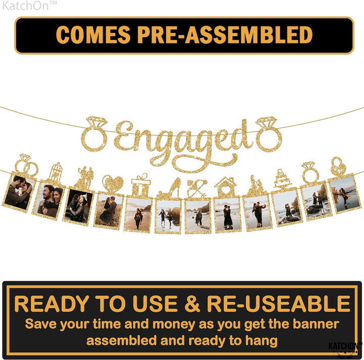 KatchOn, Pre-Strung, Gold Glitter Engaged Photo Banner - 2 String, 10 Feet, No DIY | Gold Engagement Party Decorations | Congrats On Engagement Banner for Bachelorette Party Decorations, Wedding Décor