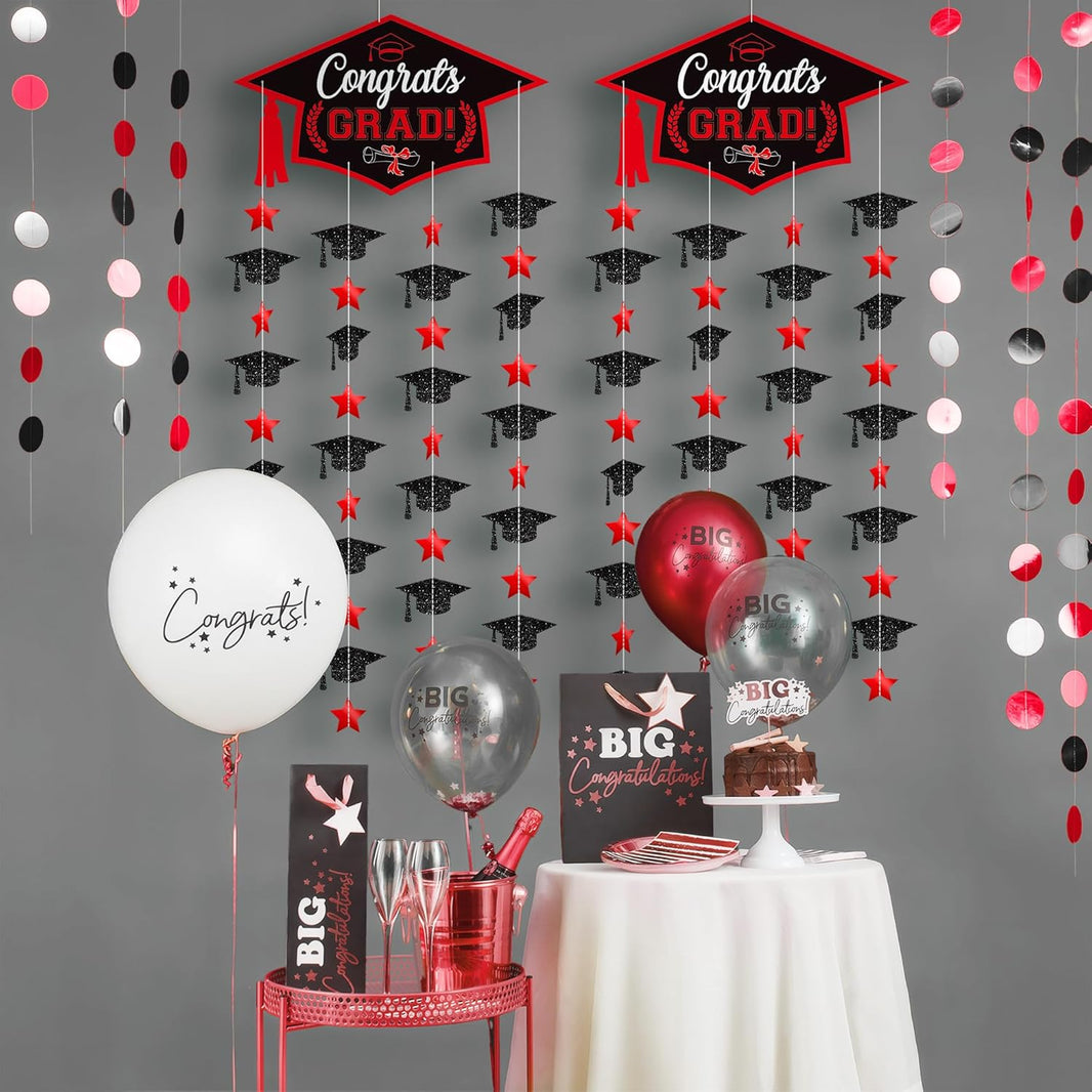 Graduation Decorations 2026, Black and Red Cap Garland - Pack of 2, No DIY | Congrats Grad Garlands for Wall Decor | Cap Garland for Graduation Party Decorations, 2026 Graduation Decoration, KatchOn