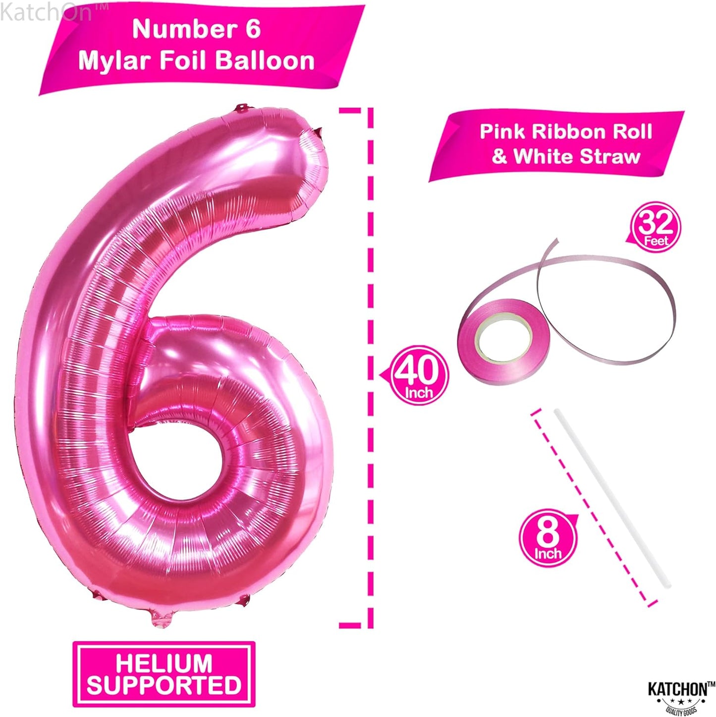 KatchOn, Pink Number 6 Balloon - Giant, 40 Inch | Pink 6 Birthday Balloon for 6th Birthday Decorations for Girls, Pink 6 Balloon | 6 Balloons for Birthday Girl, Balloon 6 Year Old Birthday Decorations