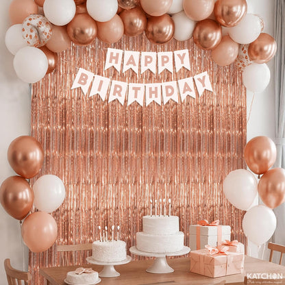 KatchOn, Rose Gold Party Decorations Set – Big, Pack of 52 | Rose Gold Fringe Backdrop with Latex & Confetti Balloons for Birthday, Wedding, Anniversary, Bridal Shower, Bachelorette Party Decorations
