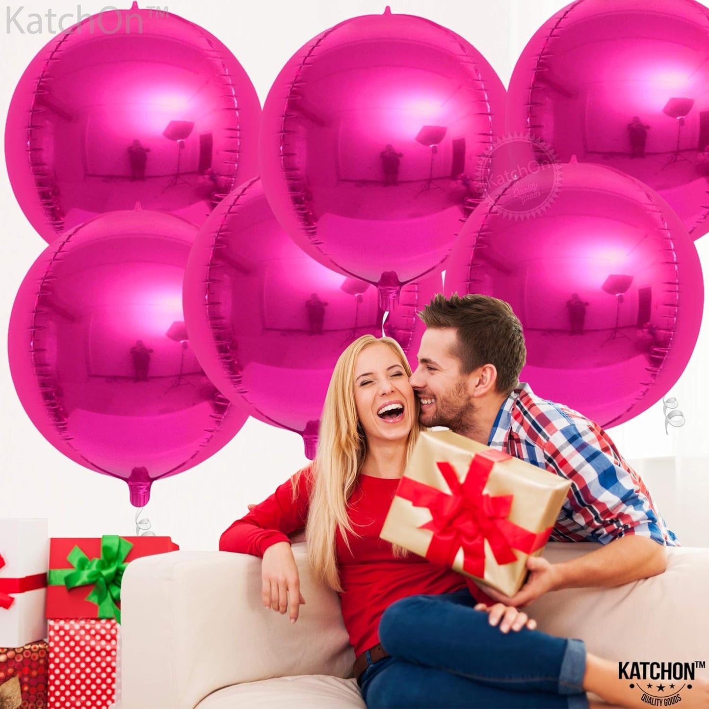 KatchOn, Big Hot Pink Balloons - 22 Inch, Pack of 6 | Hot Pink Foil Balloons for Hot Pink Party Decorations | 4D Sphere Metallic Pink Balloons, Hot Pink Birthday Decorations | Hot Pink Mylar Balloons