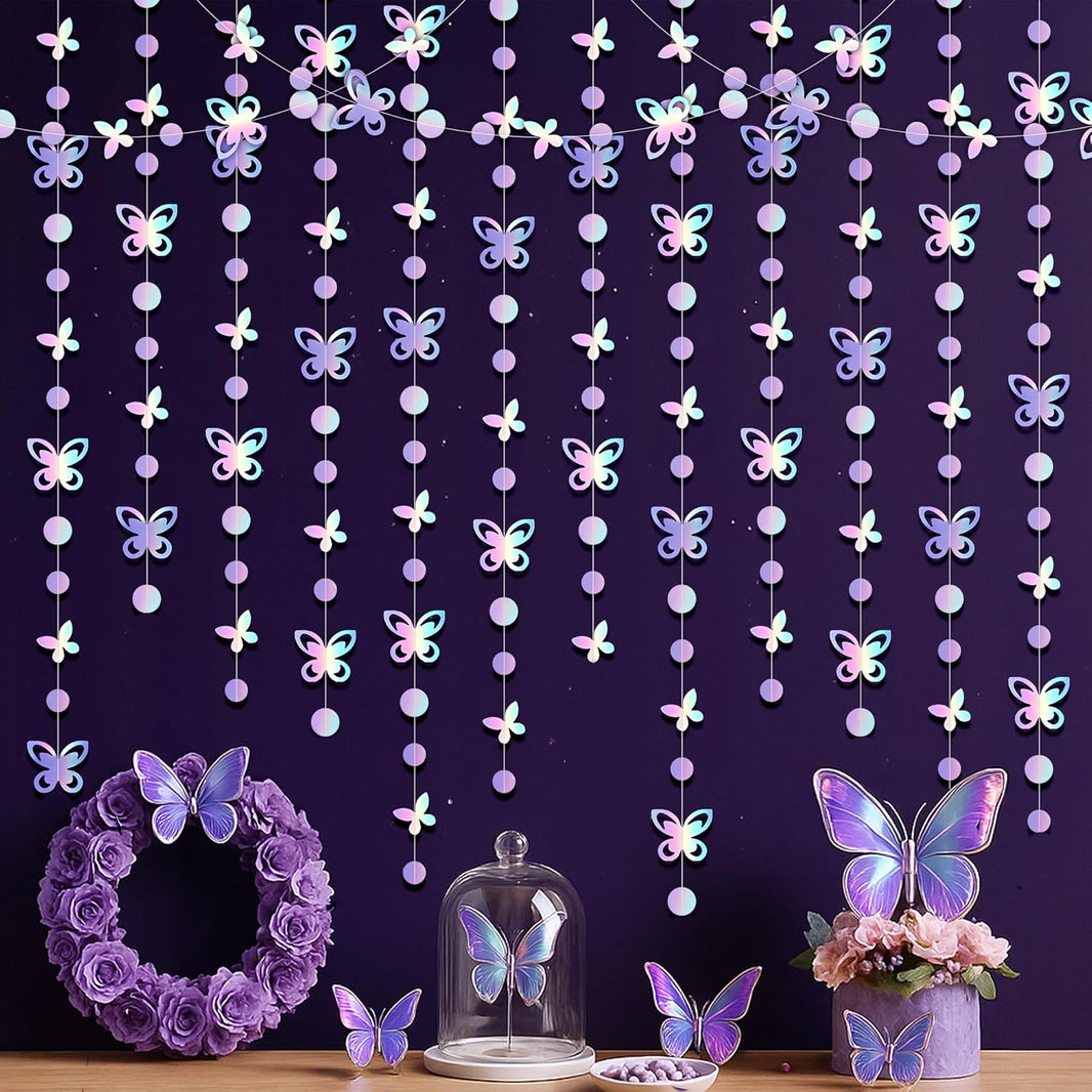 KatchOn Iridescent Butterfly Garland - Pack of 6, 10ft | Preassembled Garland for Birthday Decorations | Butterfly Wall Decor, Butterfly Decorations | Iridescent Backdrop for Bachelorette Party