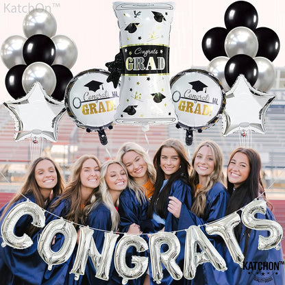KatchOn, Silver Congrats Balloons Set - Big 28 Inch, Pack of 27 | Black and Silver Graduation Decorations 2026 | Congratulations Balloons, Graduation Decorations Class of 2026