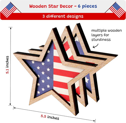 KatchOn, 4th of July Decorations | 4th of July Wooden Star Signs - 5.1x5.5 inches Pack of 6 | Flag Day Decorations, Patriotic Memorial Day Table Decorations for Home Office Table Shelf Decorations