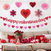 KatchOn, Happy Valentines Banner Set - Pack of 9 | Glitter Valentines Banner, 10 Feet | Heart Garland, Honeycomb Valentines Decorations | Hanging Honeycomb Hearts, Pink Valentines Decorations