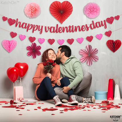 KatchOn, Happy Valentines Banner Set - Pack of 9 | Glitter Valentines Banner, 10 Feet | Heart Garland, Honeycomb Valentines Decorations | Hanging Honeycomb Hearts, Pink Valentines Decorations