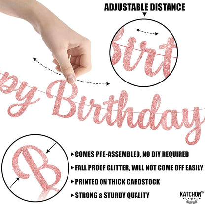 KatchOn, Glitter Rose Gold Happy Birthday Banner - Prestrung, 10 Feet | Rose Gold Birthday Banner for Rose Gold Birthday Decorations | Rose Gold Happy Birthday Sign for Rose Gold Party Decorations