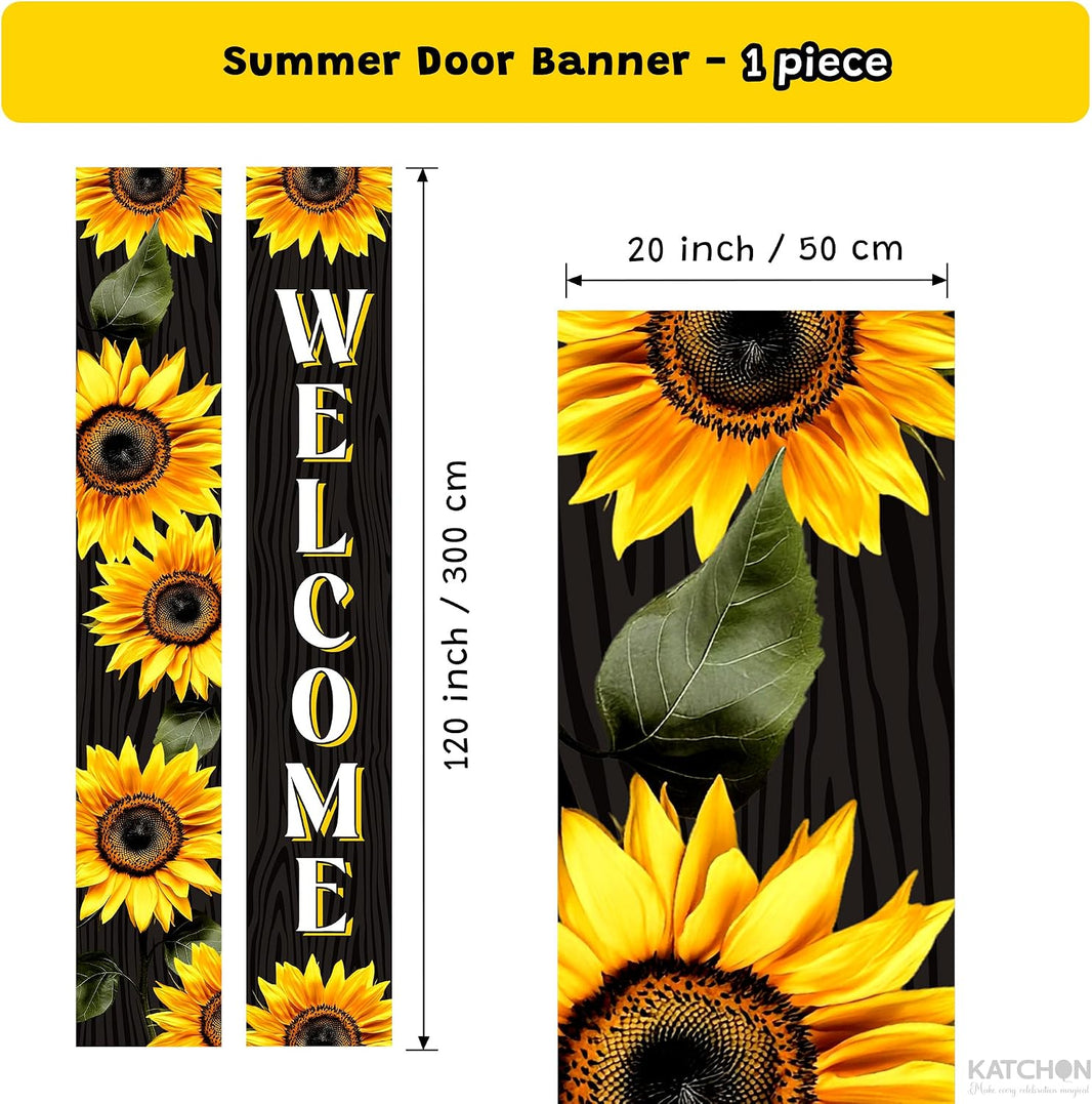KatchOn, 120x20 Inch Sunflower Welcome Hanging Banners, Summer Party Decor | Hanging Welcome Sign for Front Door, Sunflower Outdoor Decor | Black Outdoor Sign for Sunshine Birthday Decorations Summer