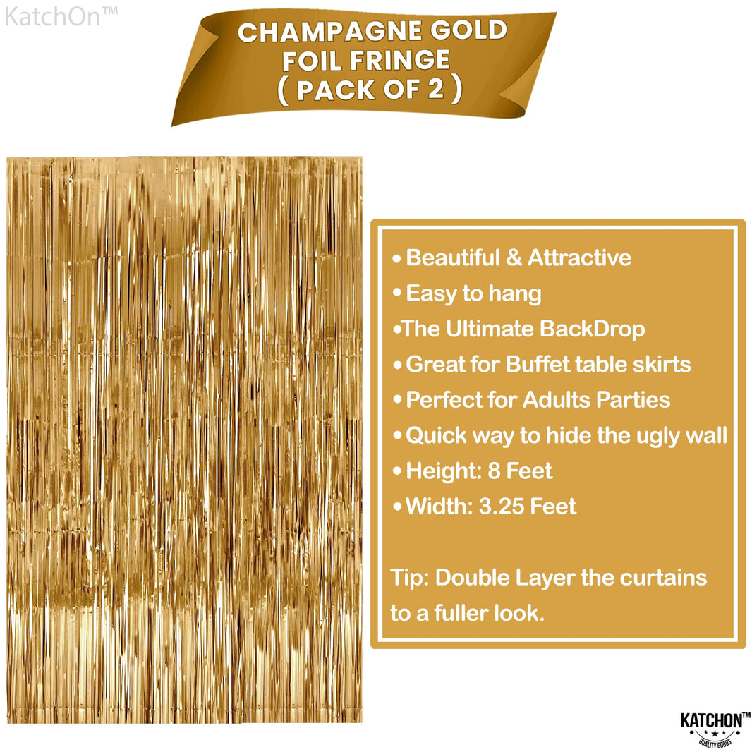 KatchOn, XtraLarge Champagne Gold Backdrop - 3.2x8 Feet, Pack of 2 | Gold Shimmer Wall Backdrop for Birthday Wall Decorations | Gold Fringe Backdrop for Golden Birthday Party Decorations