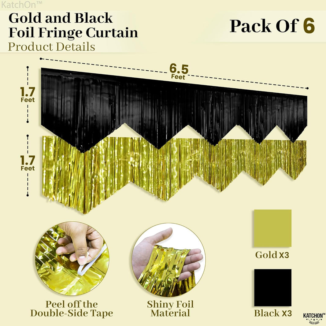 KatchOn, XtraLarge Black and Gold Fringe Backdrop Curtain - 6.6x1.7 Feet, Pack of 6 | Graduation Party Supplies 2026, Graduation Decorations 2026 | Fringe Curtain for Birthday Decorations