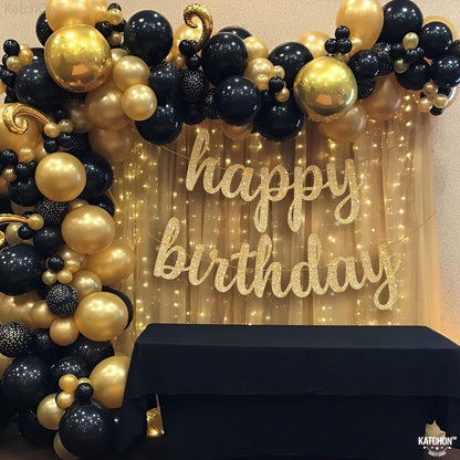 KatchOn, Gold Glitter Happy Birthday Banner - 10 Feet, Pre-Strung, No DIY | Happy Birthday Gold Banner for Happy Birthday Decorations for Women | Happy Birthday Sign, Gold Birthday Decorations for Men