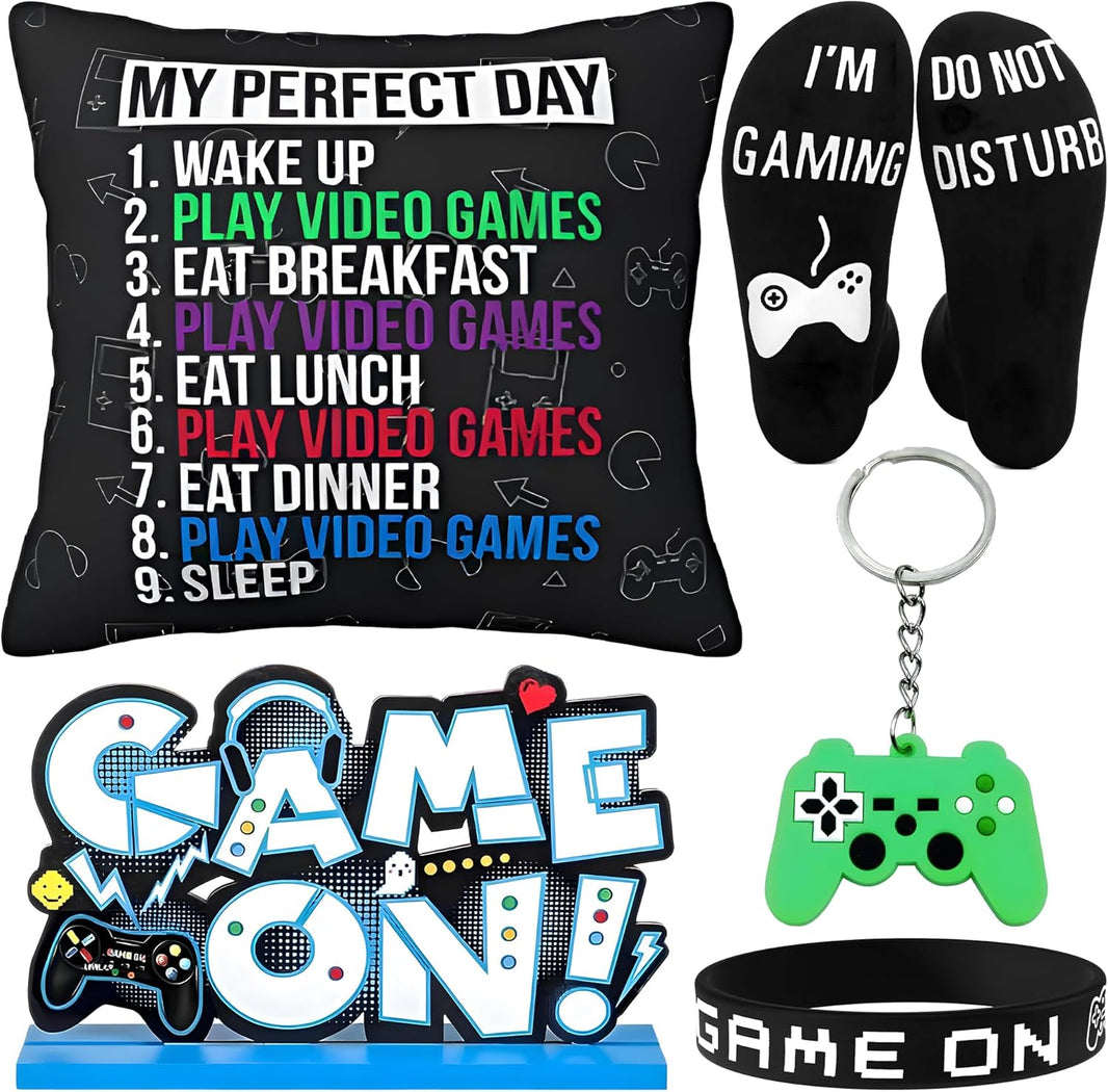 KatchOn, Gamer Gift Set - Pack of 5 | Christmas Stocking Stuffers for Teen Boys, Pillow Cover, Socks, Keychain, Bracelet & Centerpiece | Birthday, Gaming Gift for Boys, Boyfriend | Gamer Accessories