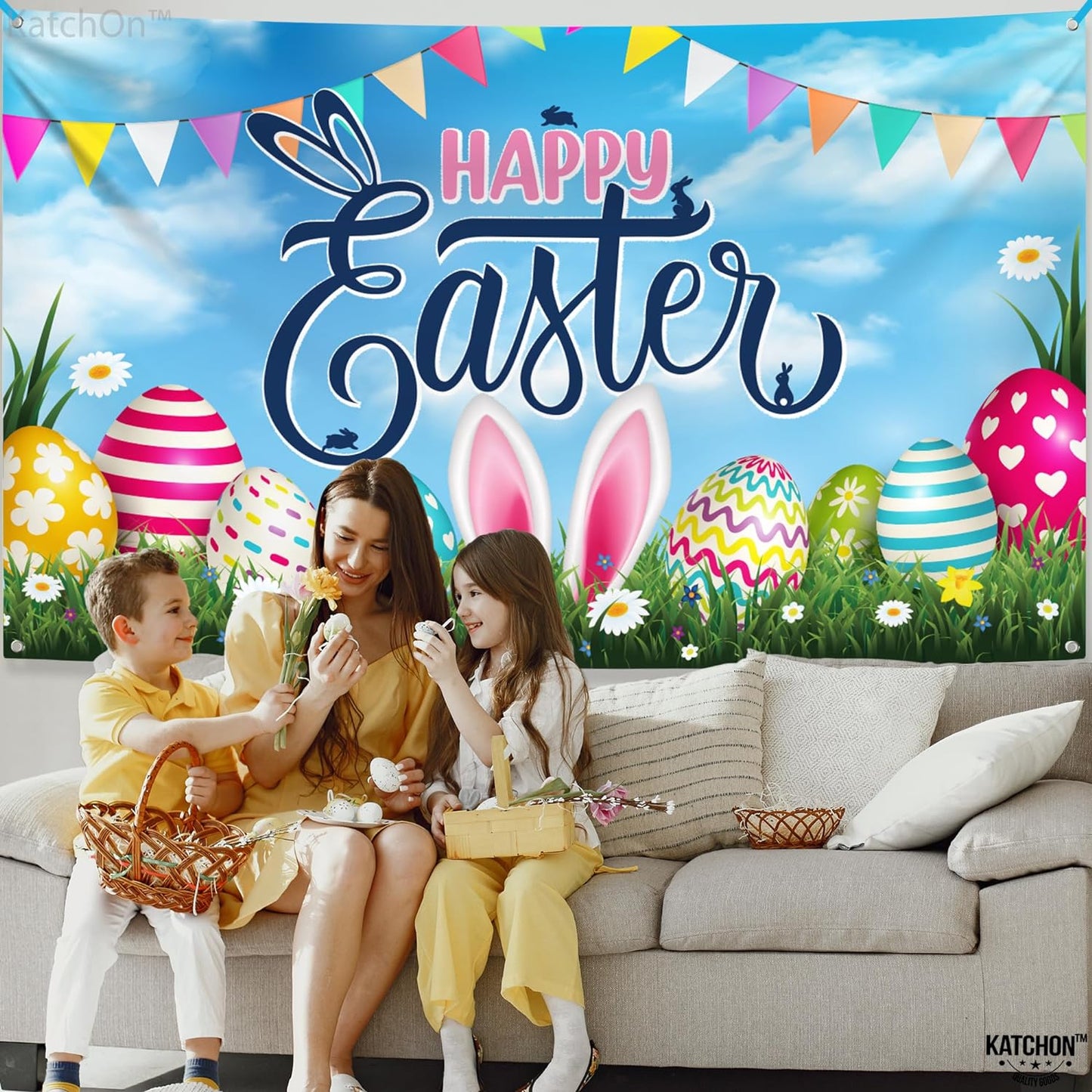 KatchOn, Large, Happy Easter Banner Decorations - 72x44 Inch | Happy Easter Backdrops for Photography, Easter Wall Decorations | Easter Banners for Outside, Easter Party Decorations | Easter Poster