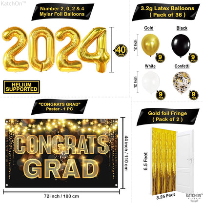 KatchOn, Black and Gold Graduation Decorations Class of 2024 - Huge, Pack of 65 | Congrats Grad Banner, Gold Foil Fringe Curtain | Gold 2024 Graduation Balloons for Graduation Party Decorations 2024