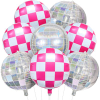 KatchOn, Pink White and Disco Ball Foil Balloons - 23 Inch, Pack of 8 | Galentines Balloons, Galentines Day Decorations | Pink and White Round Checkered Balloon, Cowgirl Birthday Party Decorations