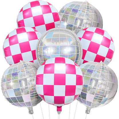 KatchOn, Pink White and Disco Ball Foil Balloons - 23 Inch, Pack of 8 | Galentines Balloons, Galentines Day Decorations | Pink and White Round Checkered Balloon, Cowgirl Birthday Party Decorations
