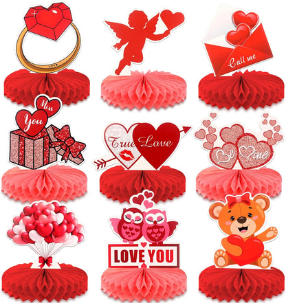 KatchOn, Valentines Day Centerpiece for Table - Pack of 9 | Valentines Day Decorations, Valentines Table Decorations | Valentine Table Decor | Red 3D Heart Honeycomb Centerpieces for Valentines Decor