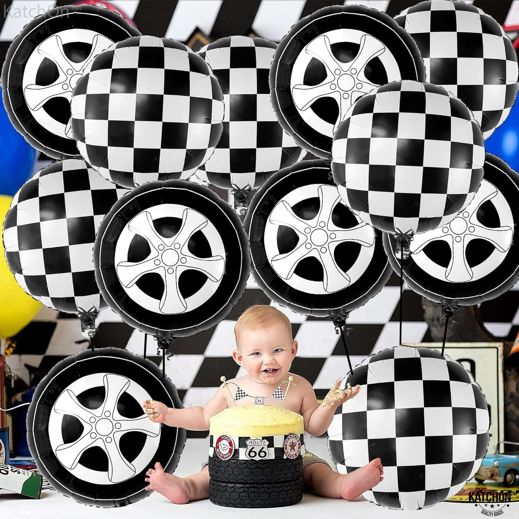 KatchOn, Tire Balloons and Checkered Balloon Set - 18 Inch, Pack of 12 | Tire Balloon for Two Fast Two Curious Birthday Decorations | Two Fast Birthday Decorations Boy | Cars Birthday Party Supplies