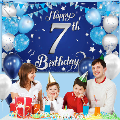 KatchOn, XtraLarge Happy 7th Birthday Banner - 72x44 Inch | Birthday Decorations for Boys and Girls | Hbd Banner Backdrop For Blue Party Decorations | Ocean Themed Party Decorations