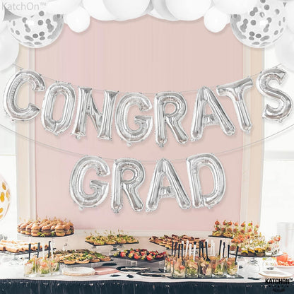 Graduation Decorations 2026 | Congrats Grad Balloons - 16 Inch | Silver Congrats Grad Banner | Congratulations Banner For 2026 Graduation Decorations | Silver Graduation Balloons, KatchOn