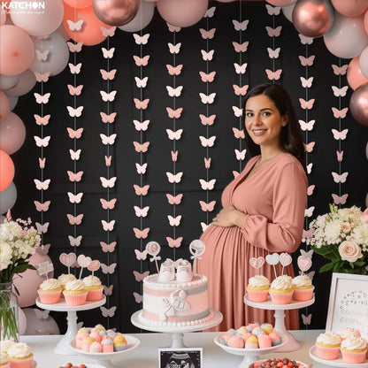 KatchOn, Rose Gold Hanging Butterfly Garland - Pack of 6 | Butterfly Wall Decor & Birthday Banner for Girls | Butterfly Birthday Decorations for Women, Baby Shower, Wedding, Bridal Shower