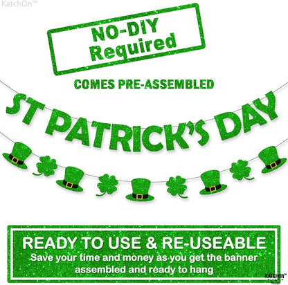 KatchOn, Pre-Strung Glitter St Patrick's Day Banner - 10 Feet, 2 Strings | St Paddy's Day Decorations | Shamrock Garland, Shamrock Decorations