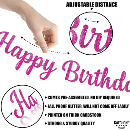 KatchOn, Glitter Hot Pink Cursive Happy Birthday Banner - Pre-Strung, 10 Feet | Birthday Decorations for Women, Girls | Hbd Banner Backdrop For Pink Party Decorations, Happy Birthday Sign