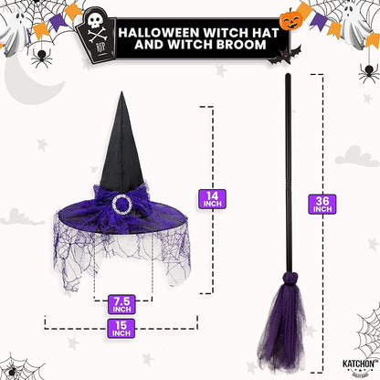 KatchOn Halloween Purple Witch Hat And Broom, Witch Hat Women