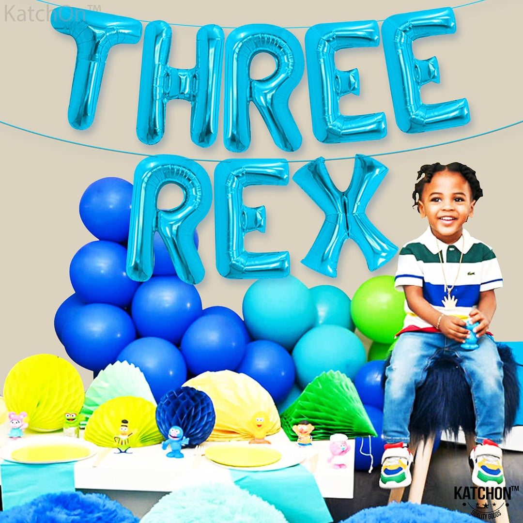 KatchOn, Blue Three Rex Balloons - 16 Inch | Three Rex Birthday Party Decorations Boy | Dinosaur Birthday Party Supplies | Boy Dinosaur Party Decorations | 3 Rex Balloon | Dinosaur Balloon Decorations