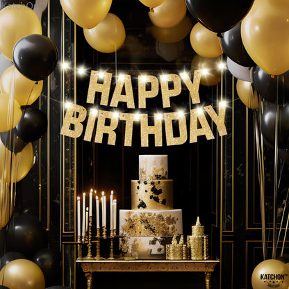 KatchOn, Light Up Happy Birthday Banner - 10 Feet, 8 Modes | Glitter Golden Birthday Party Decorations | Gold Birthday Decorations For Women, Men, Girls & Boys | Happy Birthday Light Up Sign