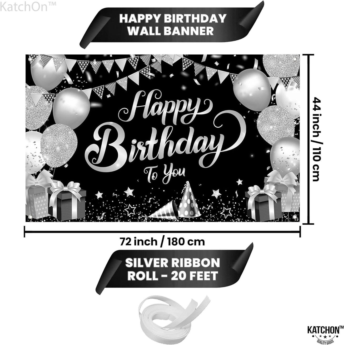 KatchOn, Black and Silver Happy Birthday Banner - Large, 72x44 Inch | Black and White Happy Birthday Banner | Black White Silver Happy Birthday Decorations for Mens Women, Birthday Party Supplies