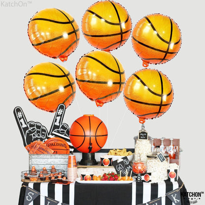 Katchon Orange Foil Basketball Balloons - 18 Inch, Pack Of 6 | Basketball Decorations For basketball Birthday Party Decorations | Space Jam Party decorations | Sports Balloon Arch Kit