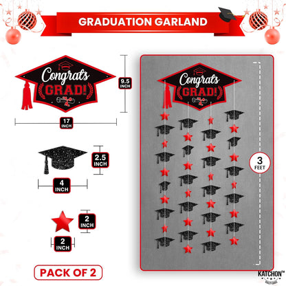 Graduation Decorations 2026, Black and Red Cap Garland - Pack of 2, No DIY | Congrats Grad Garlands for Wall Decor | Cap Garland for Graduation Party Decorations, 2026 Graduation Decoration, KatchOn