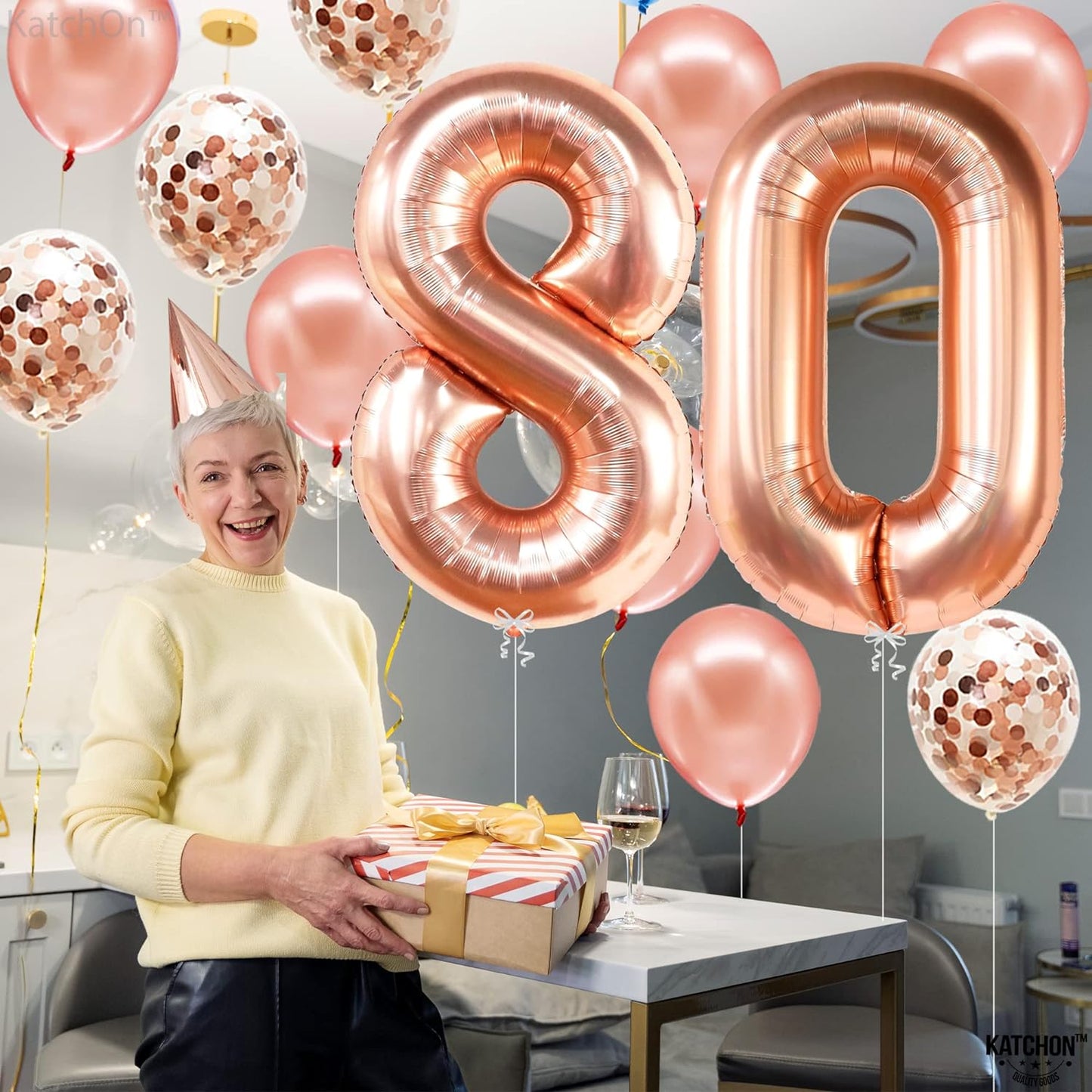 KatchOn, 80th Birthday Decorations for Women - 40 Inch | Rose Gold 80 Balloon Numbers | Rose Gold 80th Birthday Balloons with Confetti | 80 Balloons Rose Gold for 80 Birthday Decorations for Women