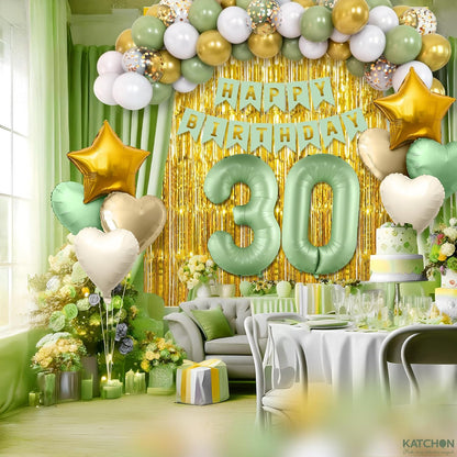 KatchOn | Sage Green 30th Birthday Decorations Set – Pack of 49 | Sage Green 30 Balloon Numbers, Star, Heart & Confetti Balloons, Gold Backdrop | 30th Sage Green Birthday Decorations for Women, Men