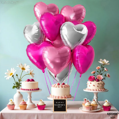 KatchOn, Silver and Pink Heart Balloons- 18 Inch, Pack of 12 | Heart Shaped Balloon for Valentines Day Decorations | Galentines Balloons for Galentines Day Decorations | Happy Valentines Day Balloon