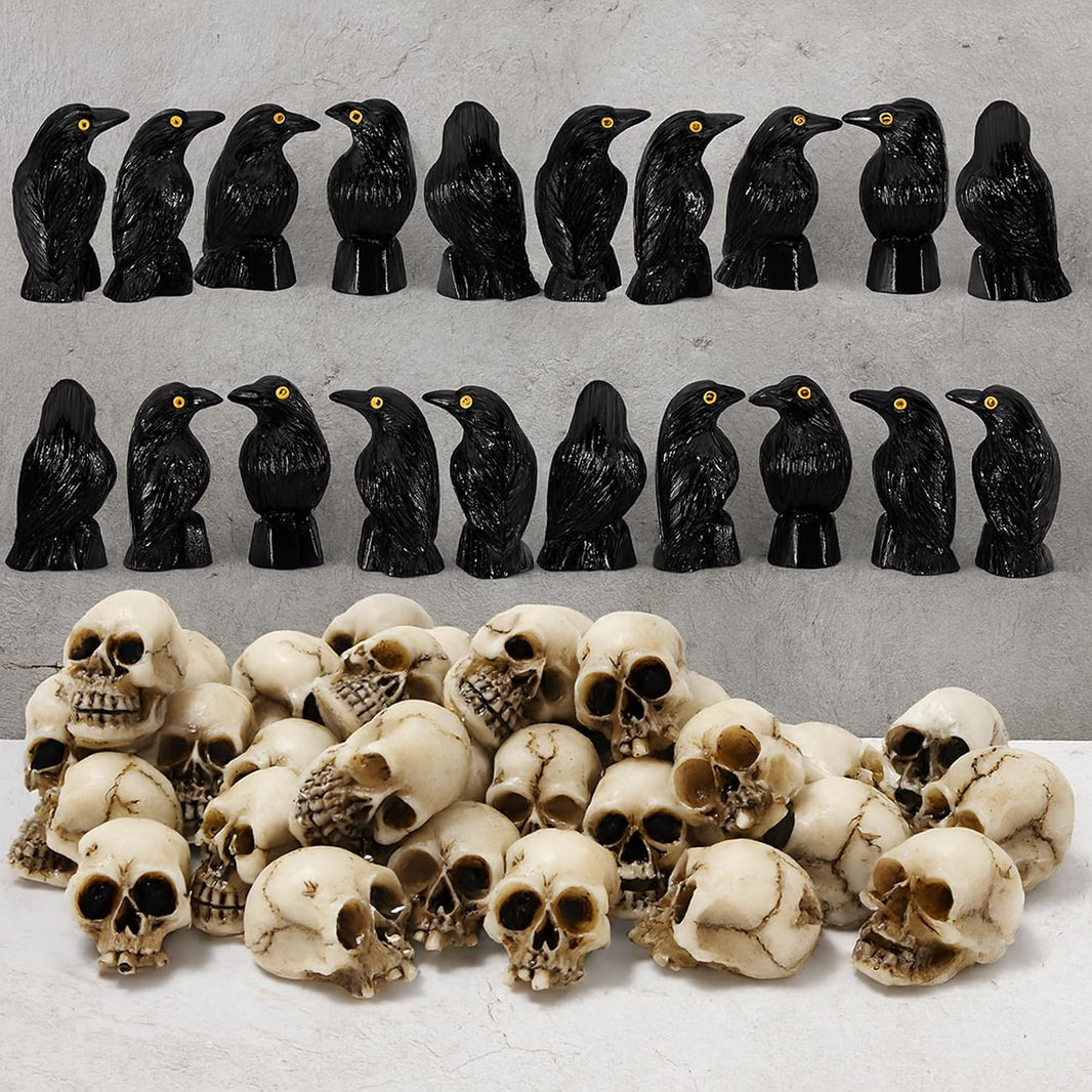 KatchOn Miniature Crows and Skulls – Pack of 40 | Halloween Decor Indoor, Outdoor | Halloween Decorations & Party Supplies | Skull Heads, Realistic Birds Decoration for Spooky Decor