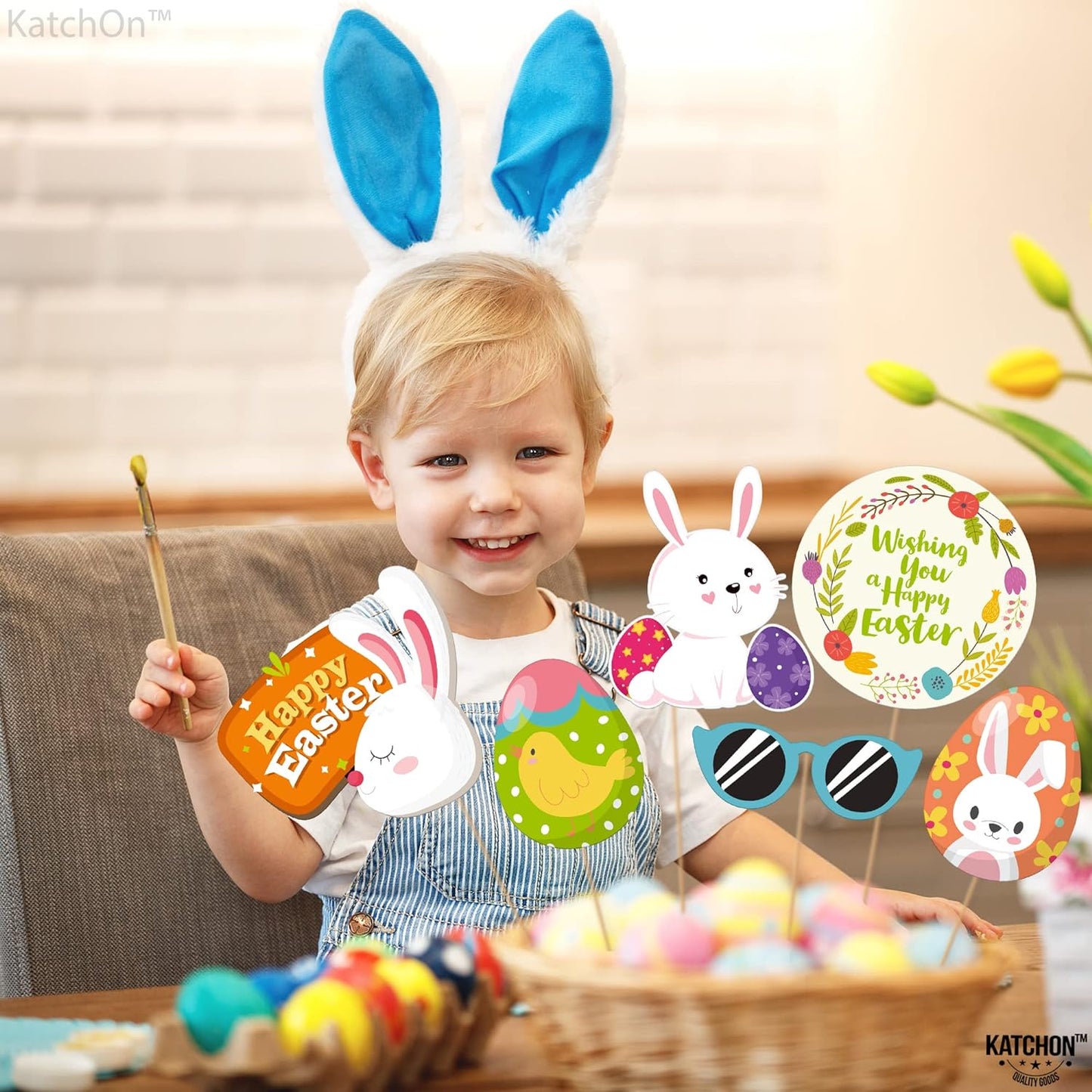 KatchOn, Happy Easter Photo Booth Props - Pack of 28 | Easter Photo Props for Photoshoot | Easter Decorations for Home, Easter Props for Photography | Easter Selfie Props, Easter Party Decorations