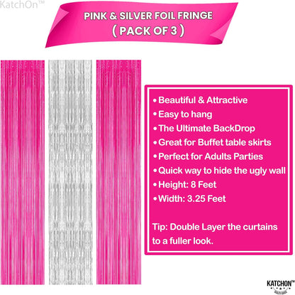 KatchOn, Hot Pink and Silver Fringe Backdrop - XtraLarge, 3.2x8 Feet, Pack of 3 | Silver & Pink Backdrop for Birthday Party Decorations, Bachelorette Party Decorations | Graduation Decoration 2025
