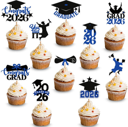 KatchOn, Blue and Black Graduation Cake Topper 2026 - Pack of 36 | Graduation Cupcake Toppers 2026 for Graduation Decorations 2026 | Graduation Decorations 2026, 2026 Graduation Cupcake Toppers