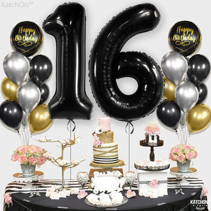 KatchOn, Giant Black 16 Balloon Numbers - 40 Inch | 16 Birthday Balloons for Sweet 16 Birthday Decoration | 16th Birthday Decorations for Boys | Sixteen Balloon, 16th Anniversary Decorations