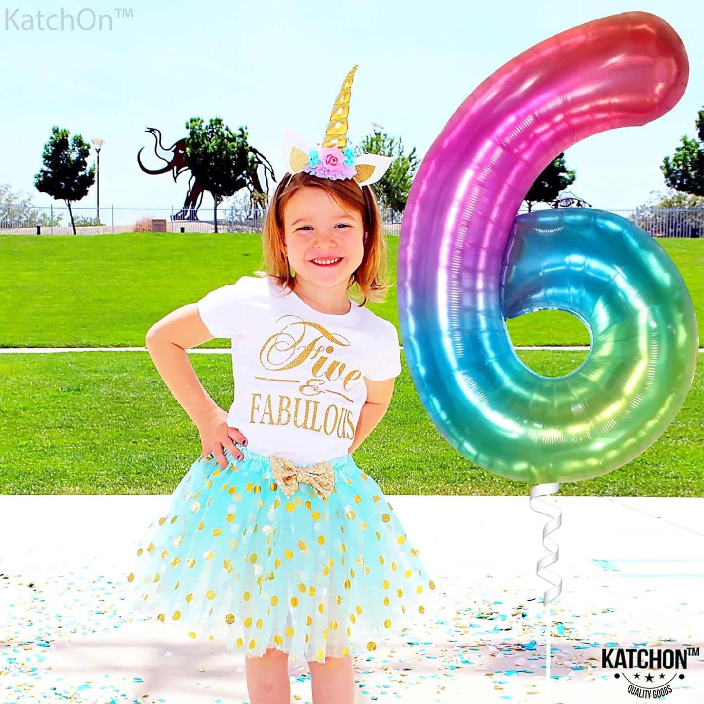 KatchOn, Giant Rainbow Number 6 Balloon - 40 Inch | 6 Balloons for Birthday Girl | 6 Balloon Number for 6th Birthday Decorations for Girls | 6th Birthday Balloons, Rainbow Cheetah Party Supplies