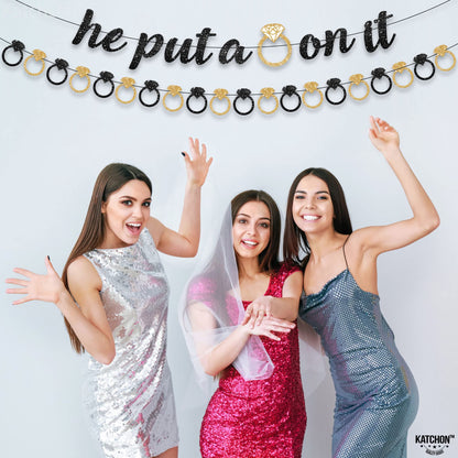 KatchOn, He Put a Ring On It Banner - 10 Feet, No DIY | Black and Gold Engagement Party Decorations | He Put A Ring On It Sign for Bachelorette Party Decorations, Bridal Shower Decorations