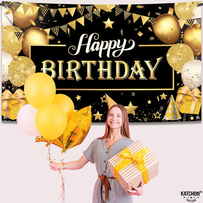 KatchOn, Black and Gold Happy Birthday Banner - XtraLarge, 72x44 Inch | Black and Gold Birthday Banner for Men | Happy Birthday Sign, Happy Birthday Backdrop for Black and Gold Birthday Decorations