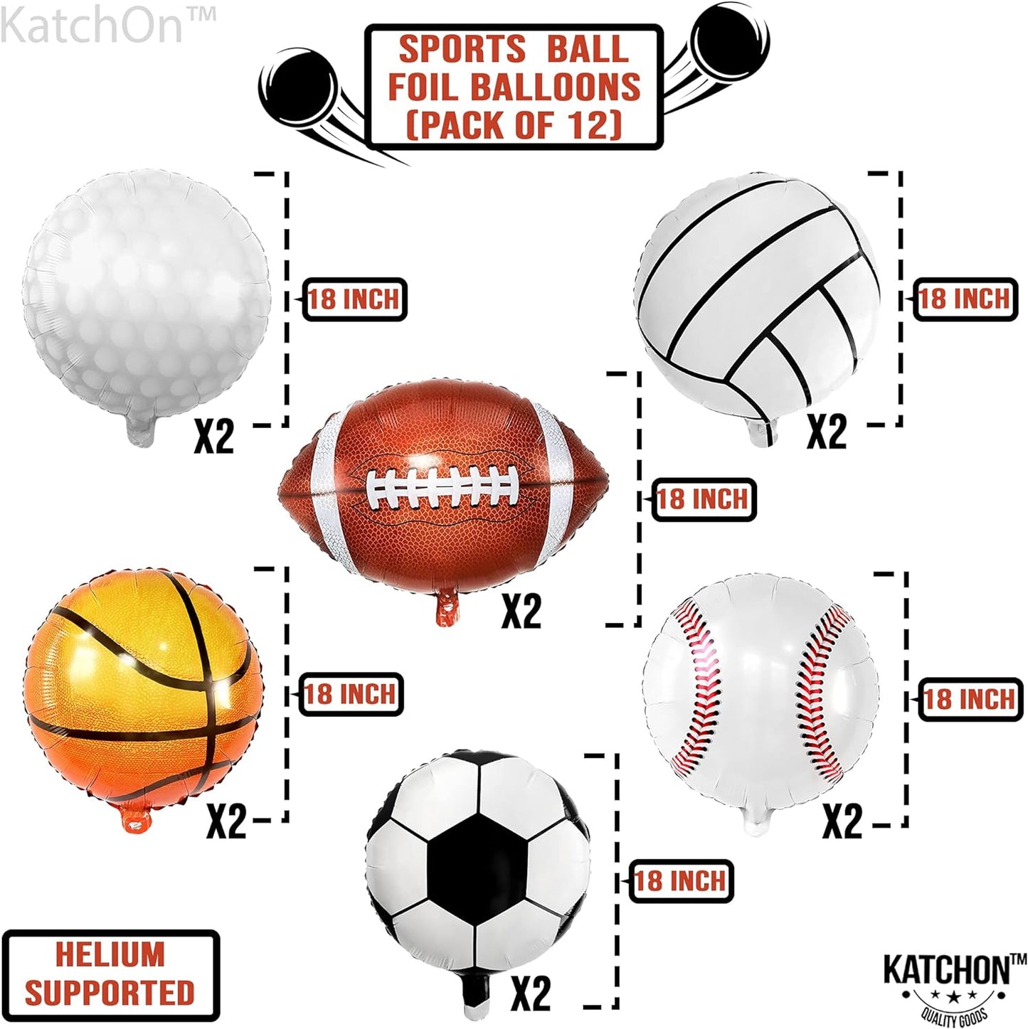 KatchOn, Huge Pack of 12, Mylar Sports Balloons - 18 Inch | All Sports Birthday Party Decorations | Soccer, Golf Balloons, Football Balloons, Basketball Balloons | All Star Baby Shower Decorations