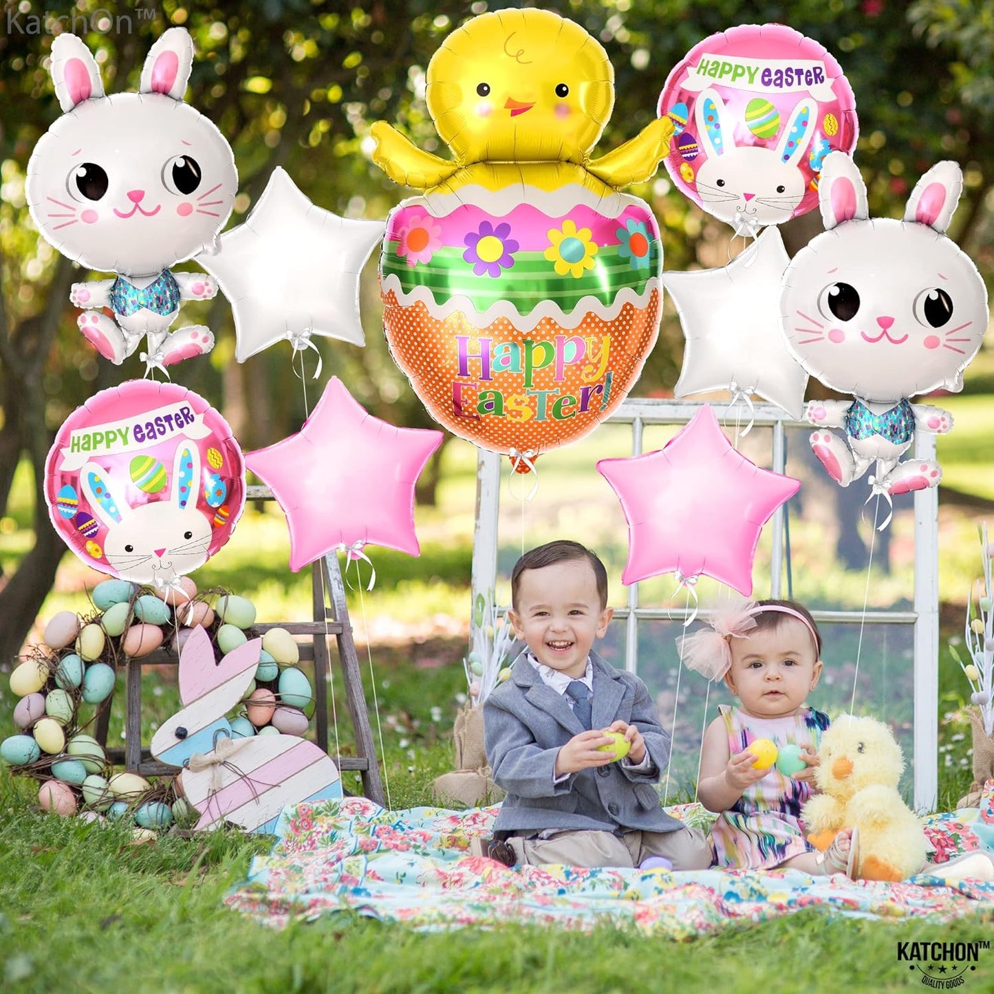 KatchOn, Big Happy Easter Balloons Decorations - 9 Piece | Chick Balloons, Easter Egg Balloons | Easter Balloon Arch, Easter Decorations | Bunny Balloon, Easter Party Decorations | Easter Foil Balloon