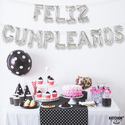 KatchOn, Silver Feliz Cumpleanos Balloons Banner - 16 Inch | Silver Feliz Cumpleanos Banner for Feliz Cumpleanos Decorations | Mylar Happy Birthday Balloon Letters for Spanish Birthday Decoration