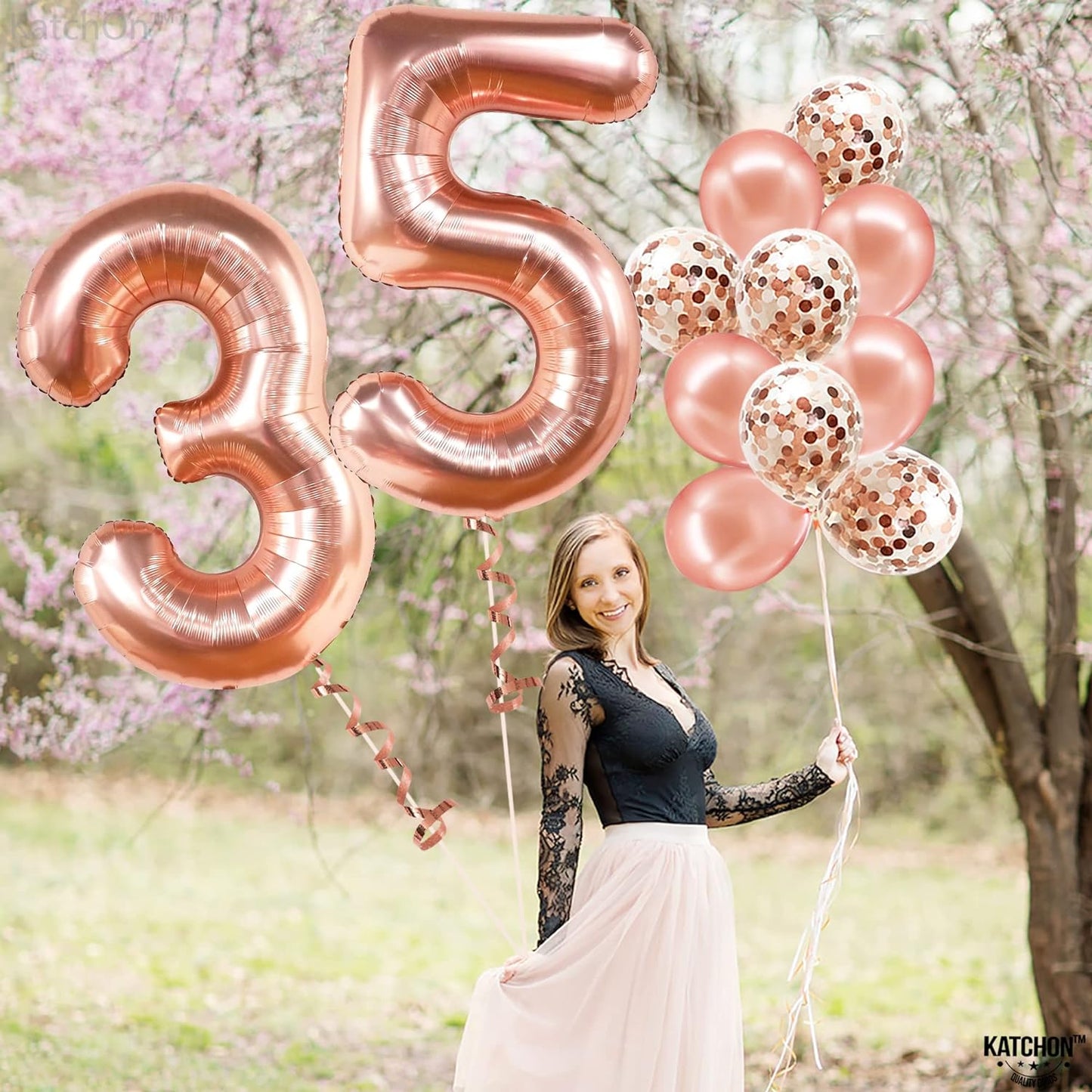 KatchOn, Rose Gold 35 Balloon Numbers - 40 Inch | Happy 35th Birthday Decorations for Women | 35 Birthday Balloons and Confetti Balloons | 35 Balloon Rose Gold | 35 Birthday Decorations for Women