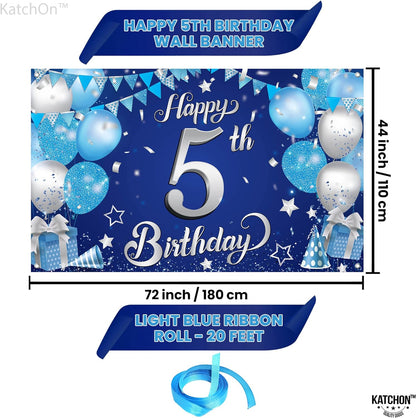KatchOn, Happy 5th Birthday Banner - XtraLarge, 72x44 Inch | Blue 5th Birthday Party Decorations | 5th Birthday Decorations | Blue and Silver Toddler Birthday Decorations for 5 Birthday Decorations